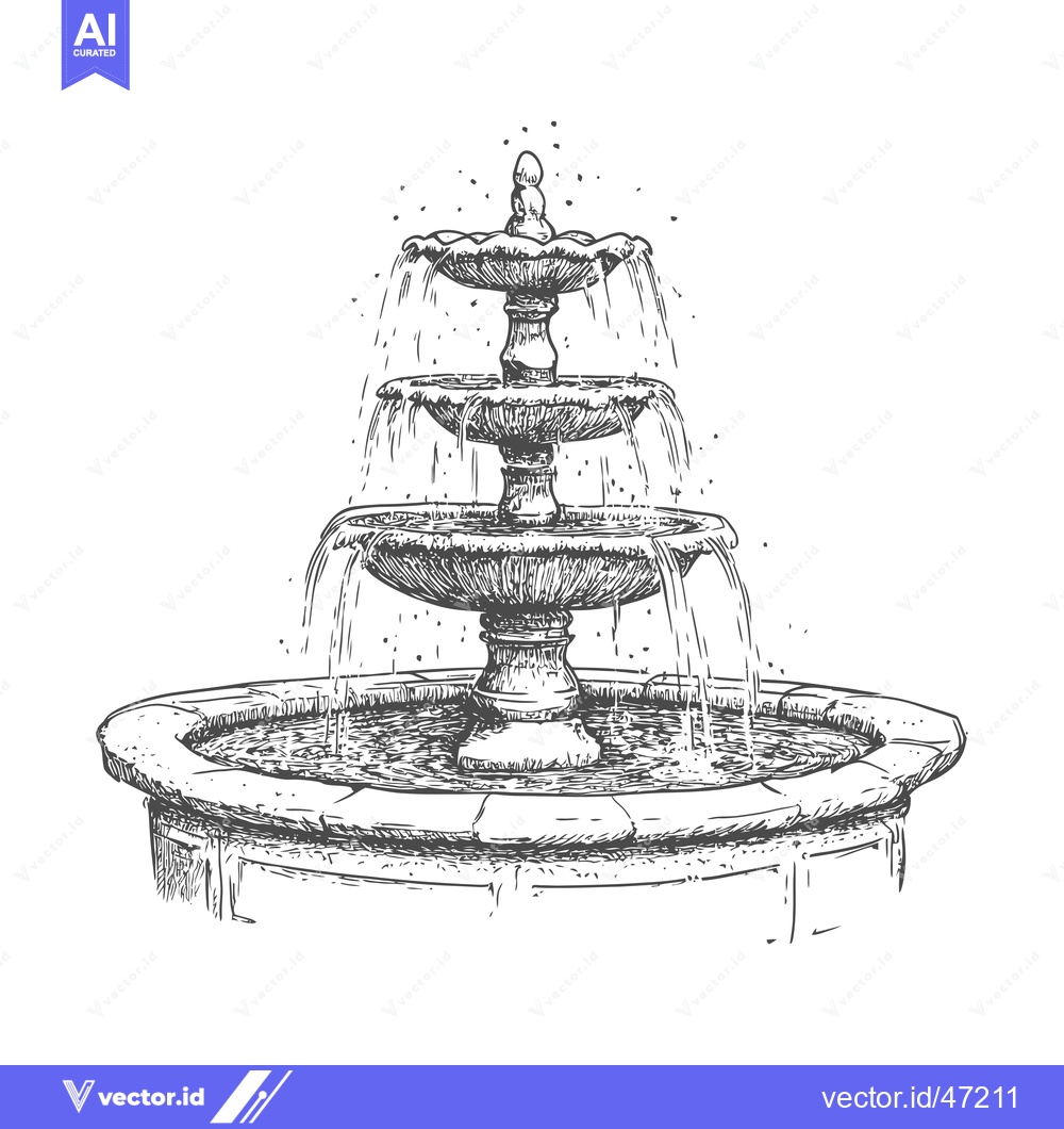 Premium Vector of Hand-Drawn Sketch of a Three-Tiered Fountain with Water Flowing