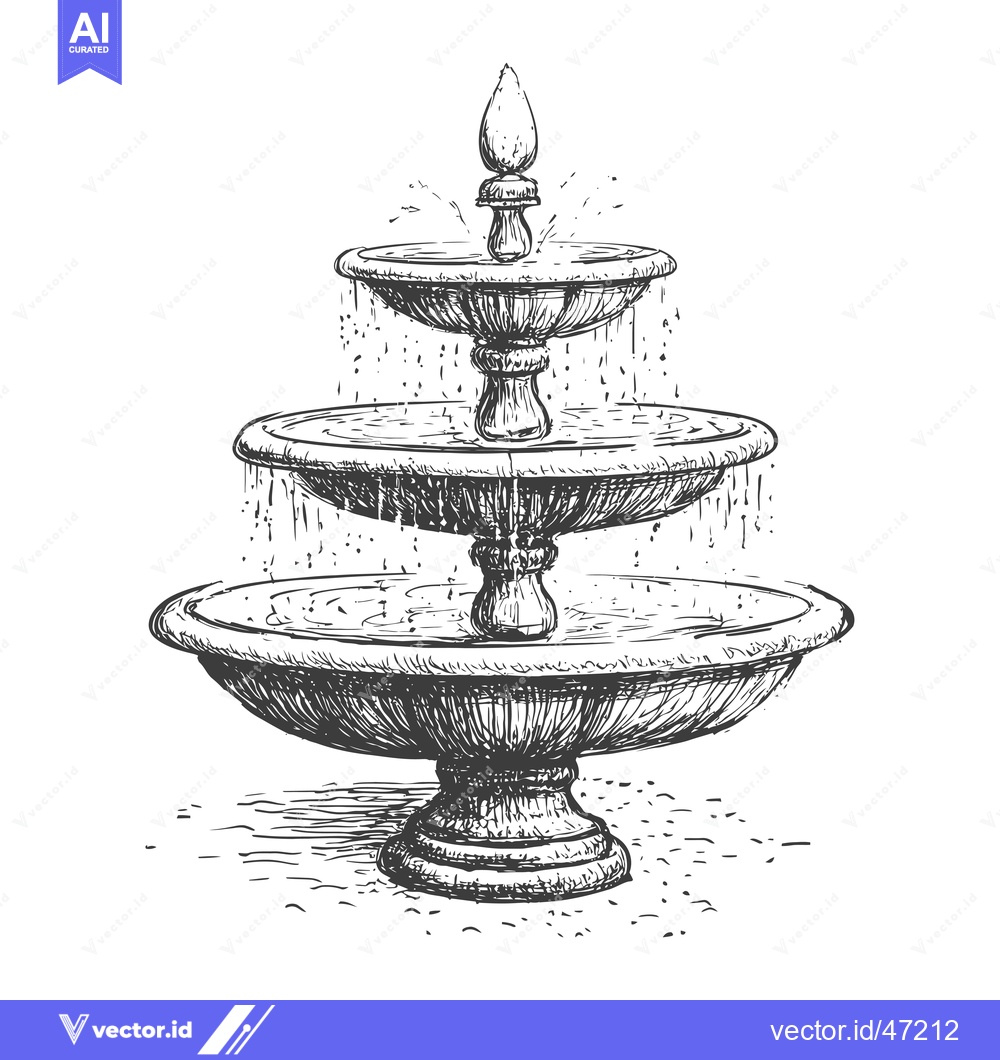 Premium Vector dari Hand-Drawn Sketch of a Three-Tiered Fountain with Water Splashes