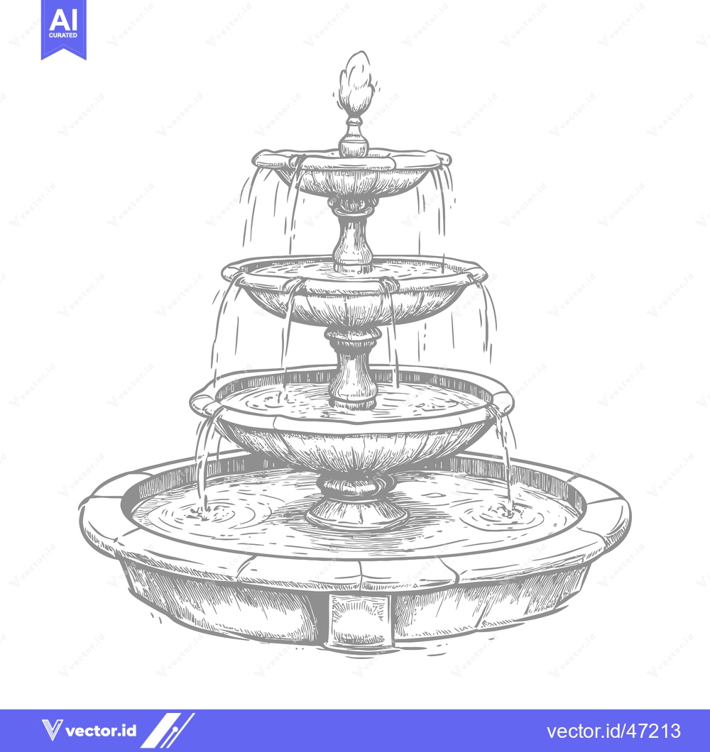 Premium Vector of Hand-drawn Sketch of a Three-Tier Stone Fountain with Water Flowing