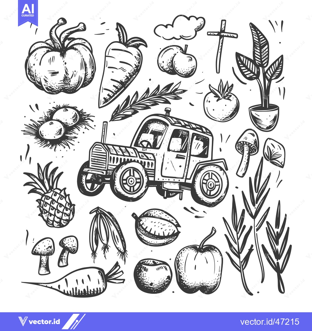 Premium Vector of Hand-Drawn Sketch of a Tractor with Farm Produce and Plants
