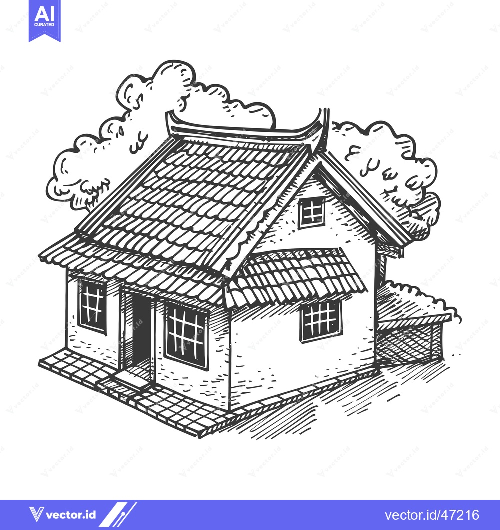 Premium Vector dari Hand-drawn sketch of a traditional Asian house with tiled roof and sur