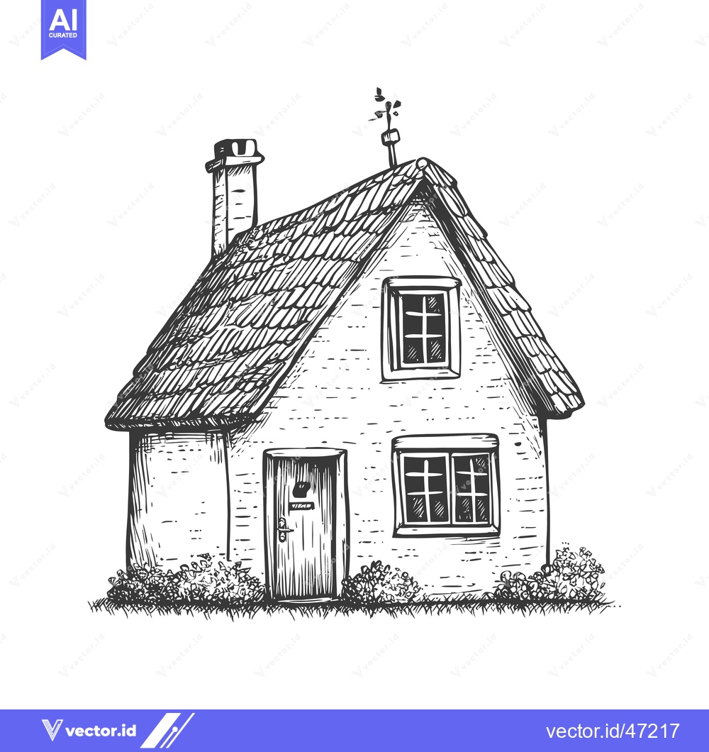 Premium Vector dari Hand-Drawn Sketch of a Traditional Brick Cottage with a Chimney and a