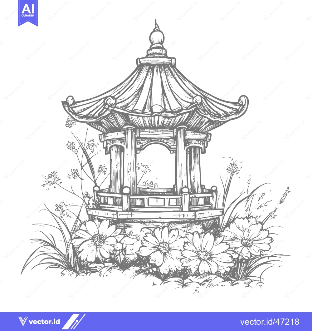Premium Vector dari Hand-Drawn Sketch of a Traditional Chinese Pavilion Surrounded by Flow