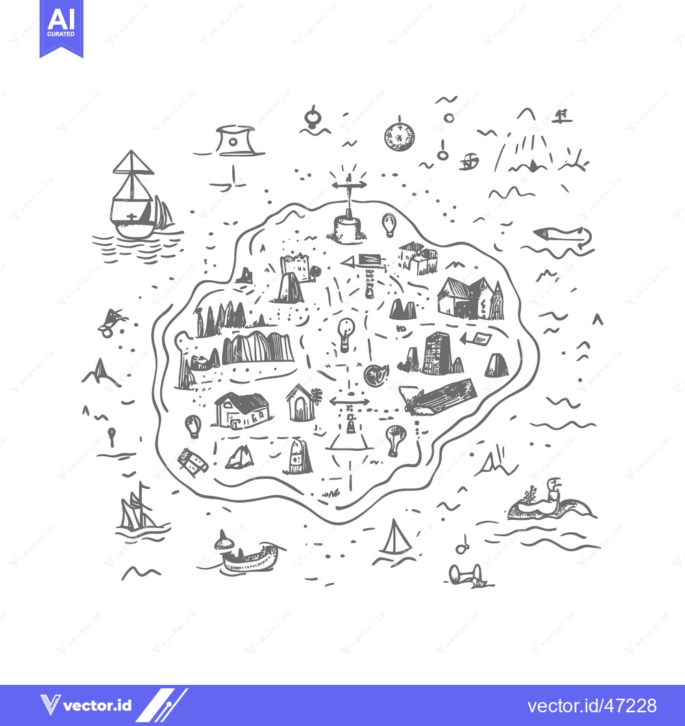 Premium Vector of Hand-drawn sketch of a treasure island map with a lighthouse and ships
