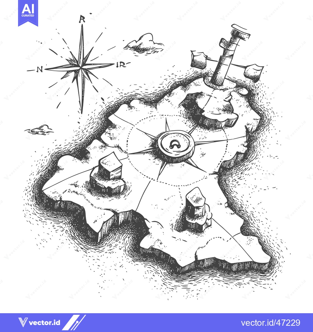 Premium Vector of Hand-Drawn Sketch of a Treasure Island with a Compass and a Sword