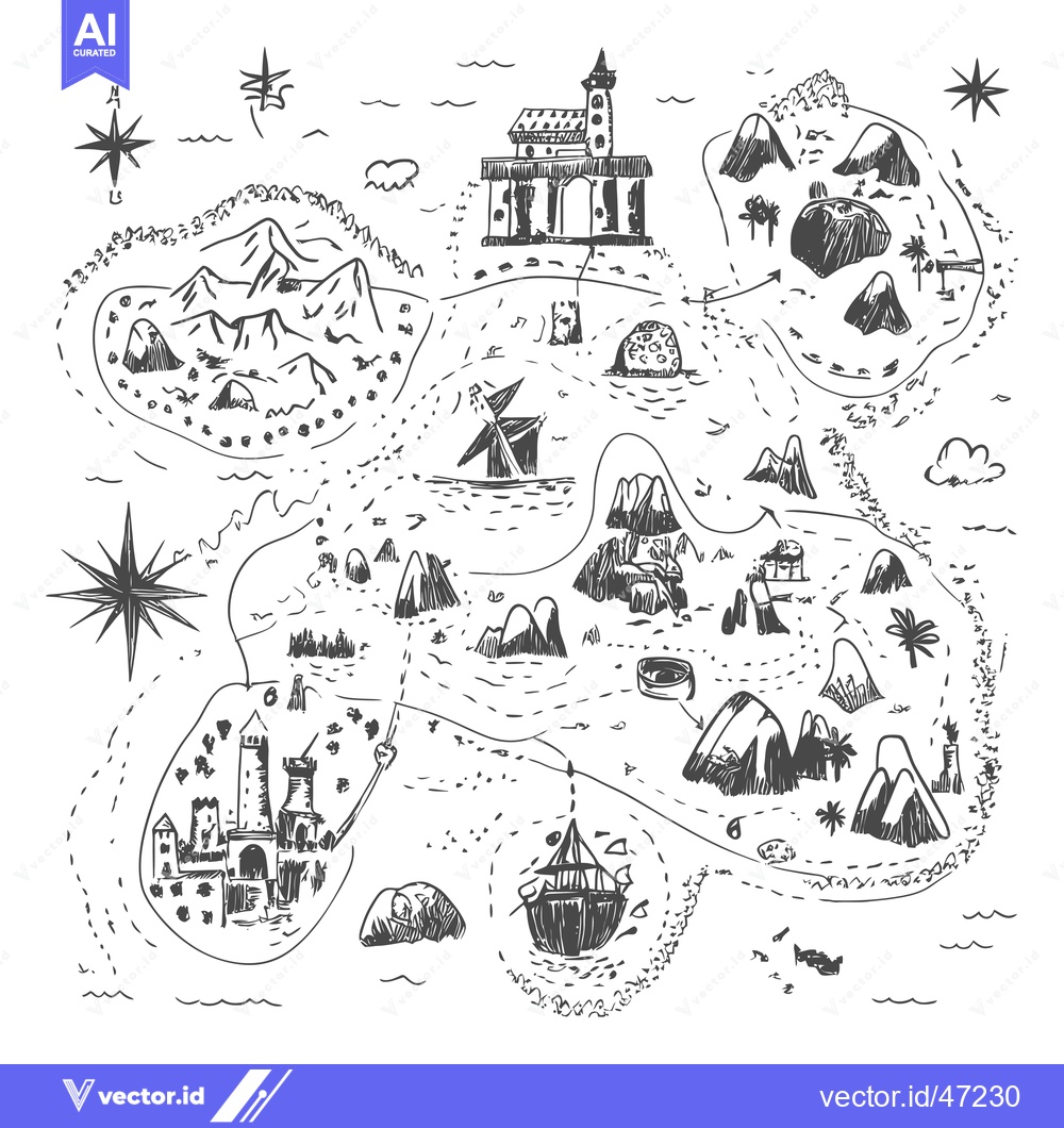 Premium Vector dari Hand-drawn Sketch of a Treasure Map with Islands, Ships, and Castles