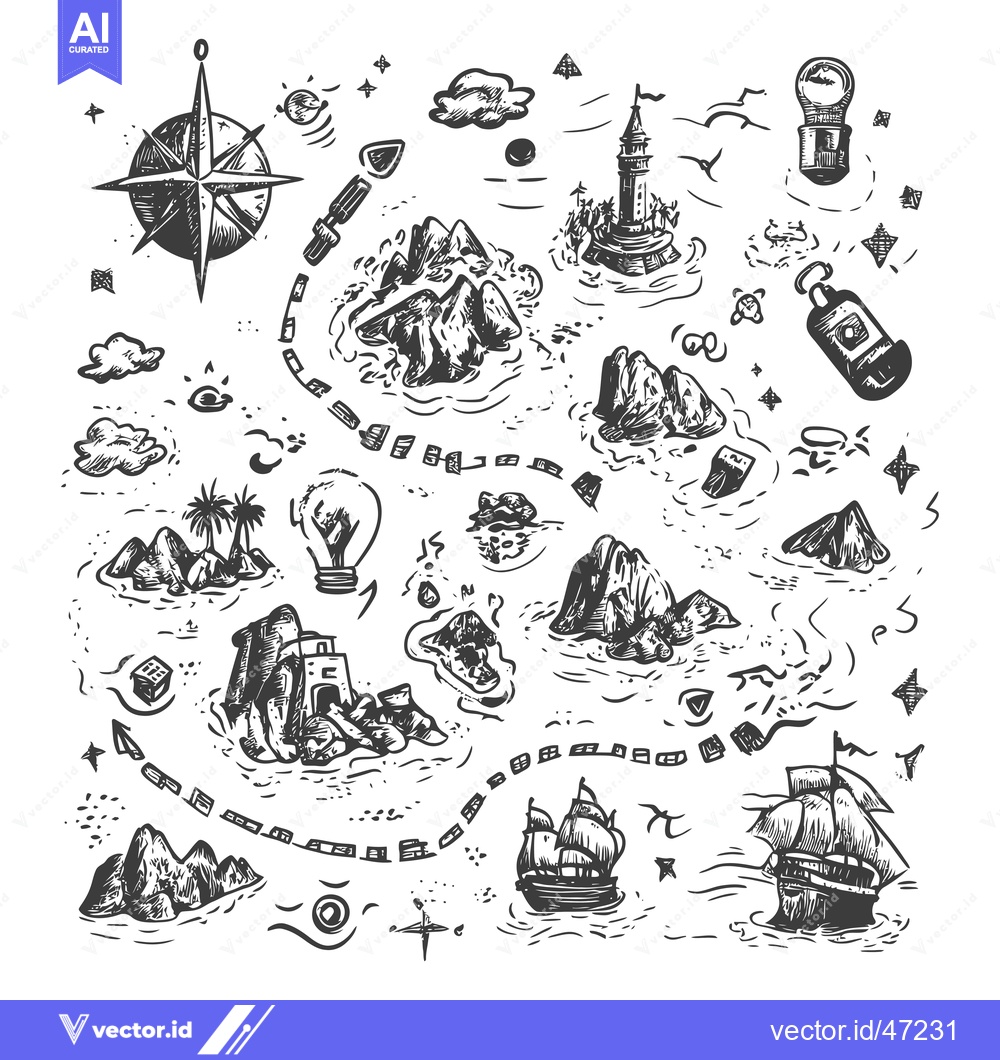 Premium Vector of Hand-drawn Sketch of a Treasure Map with Islands, Ships, and Landmarks