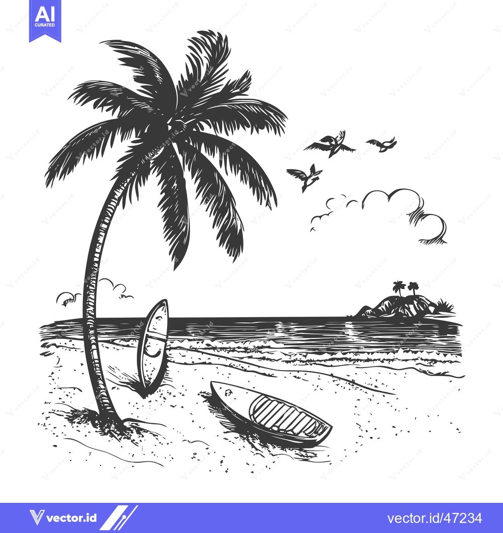 Premium Vector of Hand-Drawn Sketch of a Tropical Beach Scene with Palm Trees, Boat, and