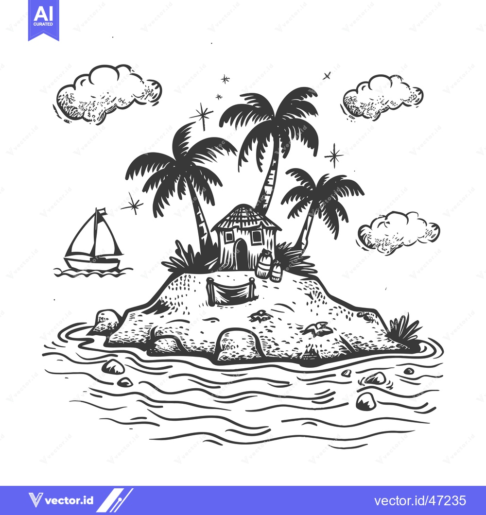 Premium Vector of Hand-Drawn Sketch of a Tropical Island with Palm Trees, a Hut, and a S
