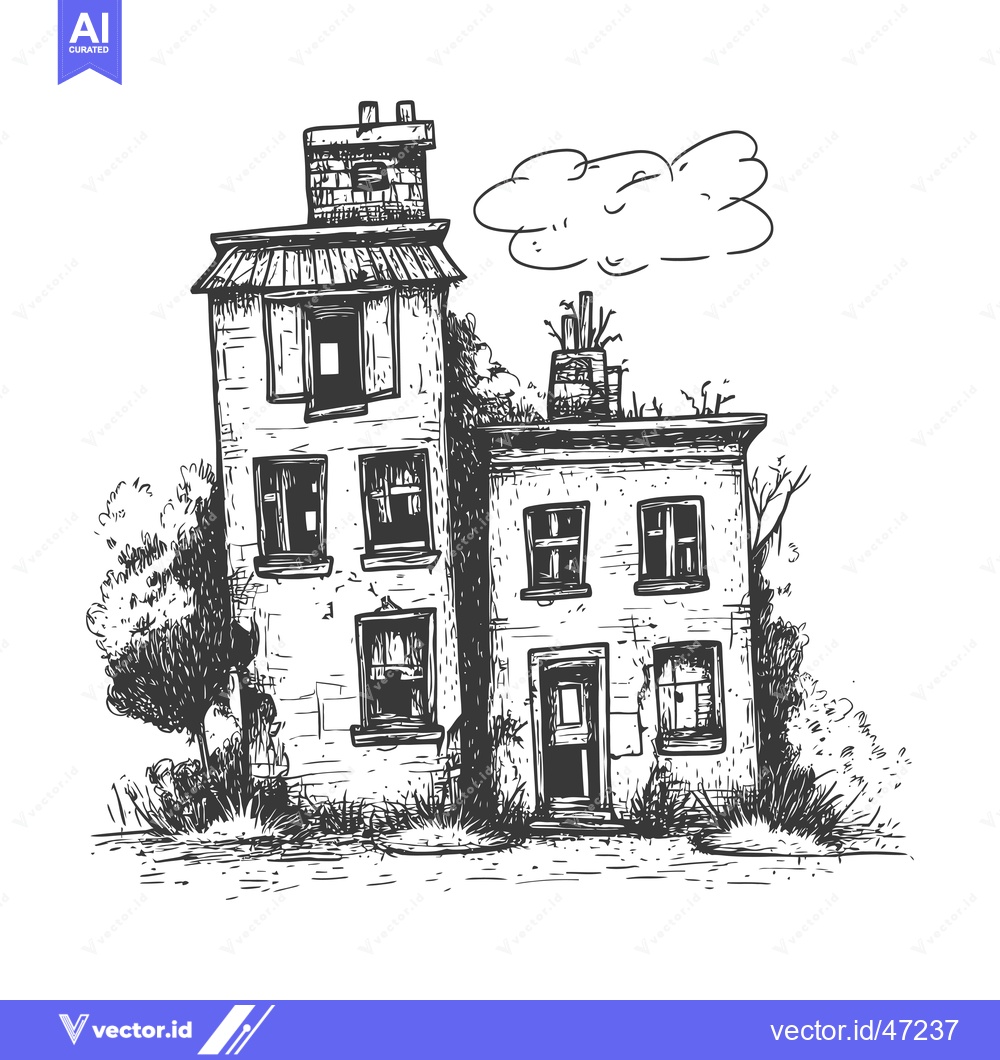 Premium Vector dari Hand-Drawn Sketch of a Two-Story Abandoned Brick Building with Overgro