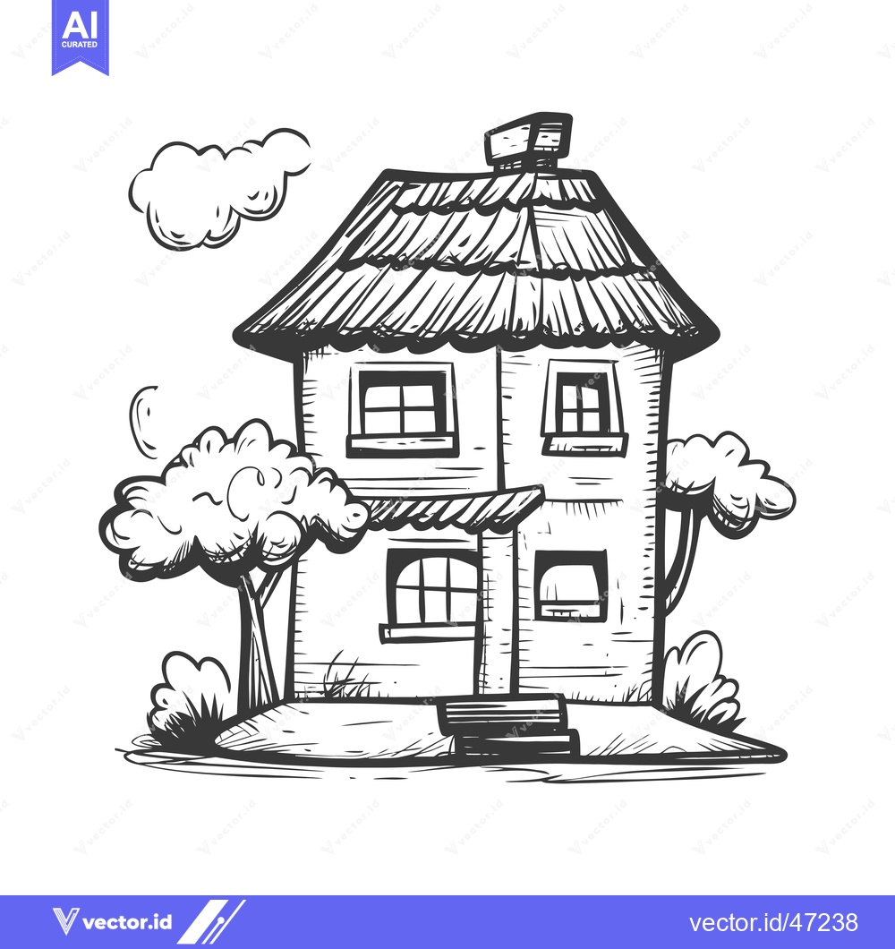 Premium Vector dari Hand-drawn sketch of a two-story house with a chimney and a front porc