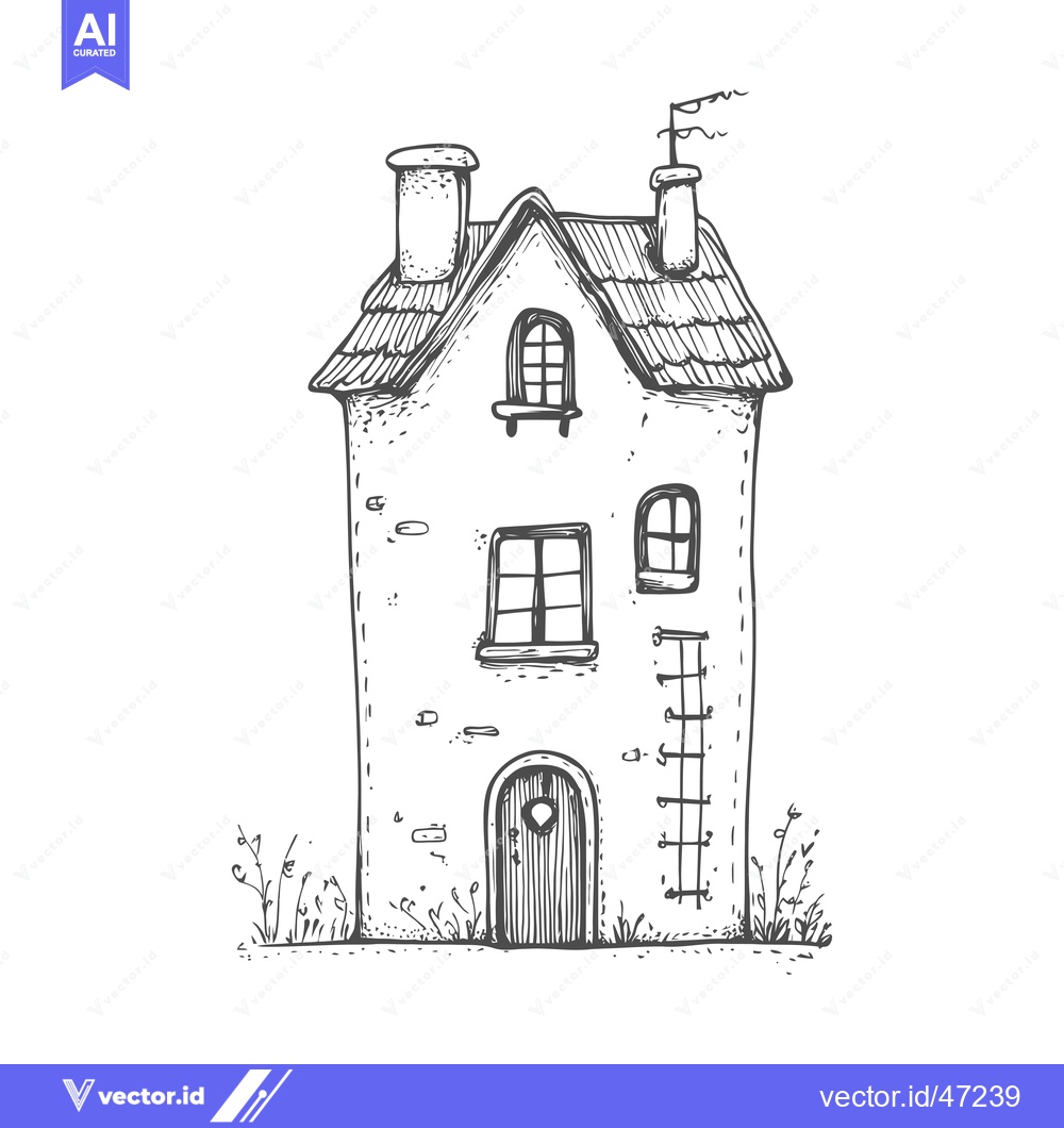 Premium Vector dari Hand-Drawn Sketch of a Two-Story House with a Ladder and Plants