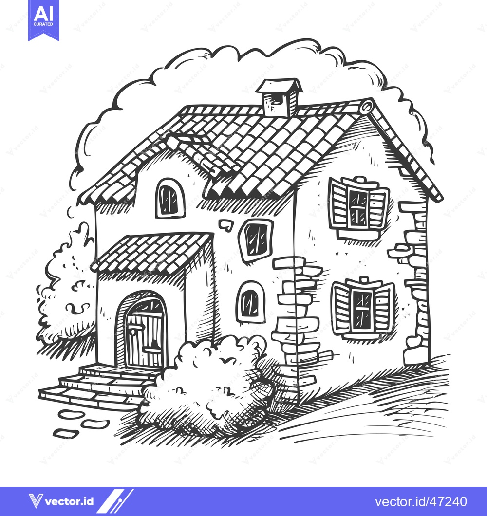 Premium Vector dari Hand-Drawn Sketch of a Two-Story House with a Tiled Roof