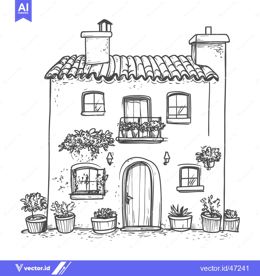 Premium Vector dari Hand-drawn sketch of a two-story house with potted plants and a door.