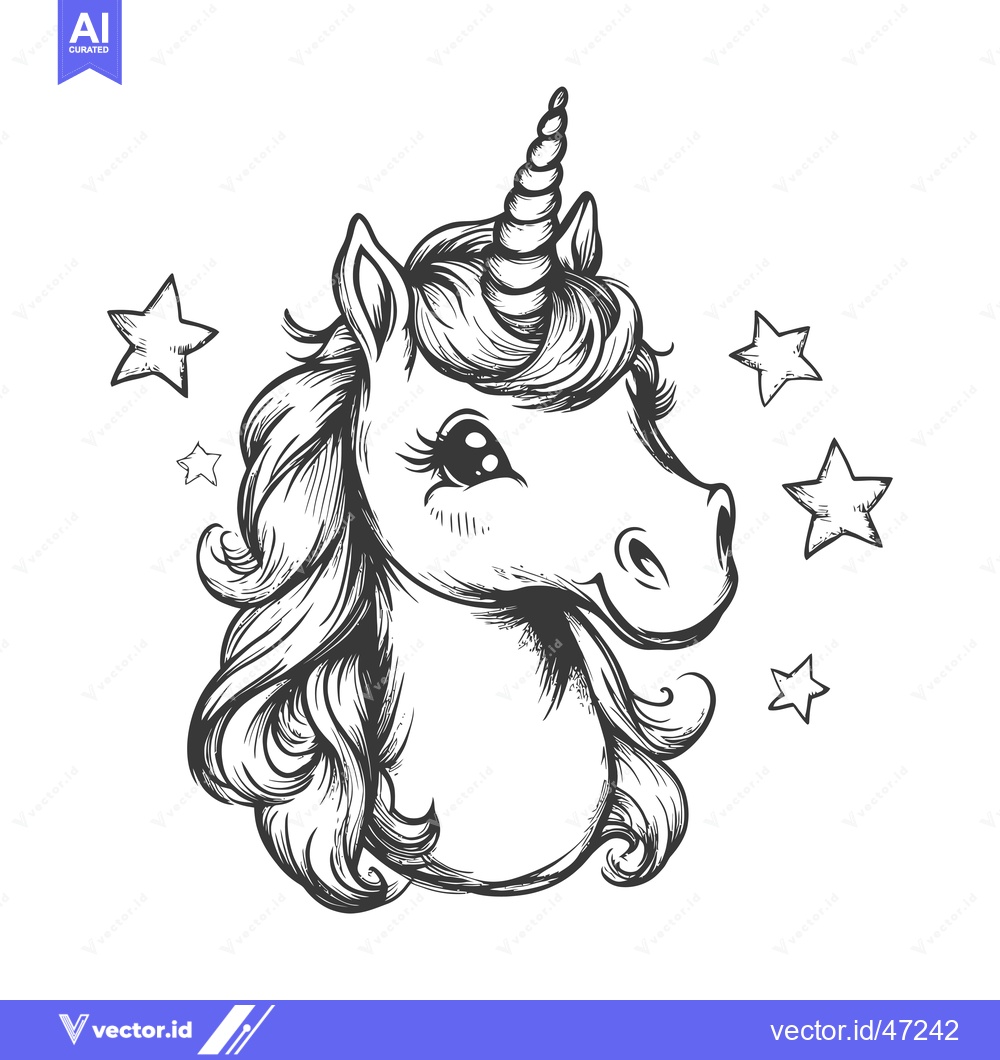 Premium Vector dari Hand-Drawn Sketch of a Unicorn Head with Stars