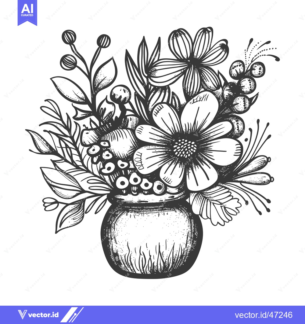 Premium Vector dari Hand-Drawn Sketch of a Vase with a Bouquet of Flowers and Foliage