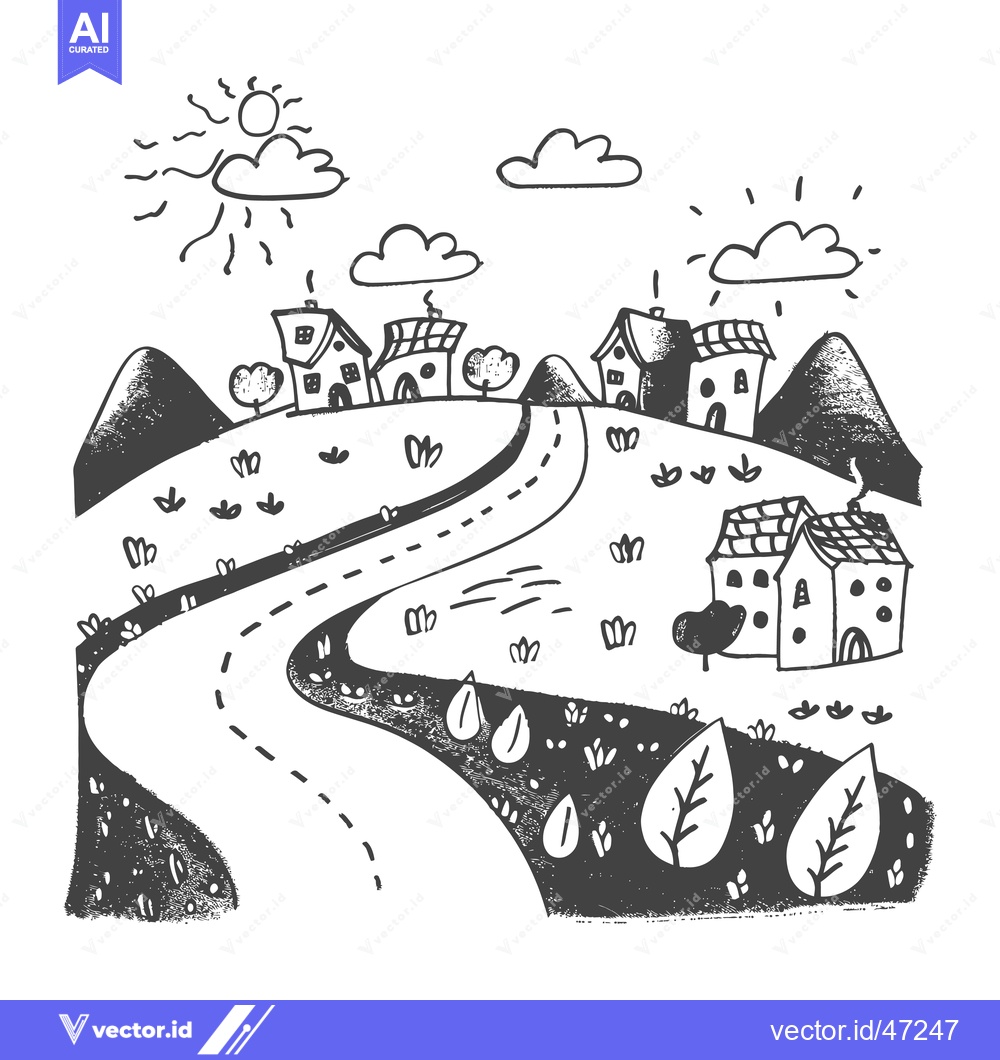 Premium Vector dari Hand-drawn Sketch of a Village with Houses, Mountains, and a Winding R