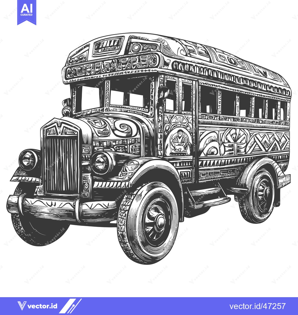 Premium Vector of Hand-Drawn Sketch of a Vintage Bus with Ornamental Detail