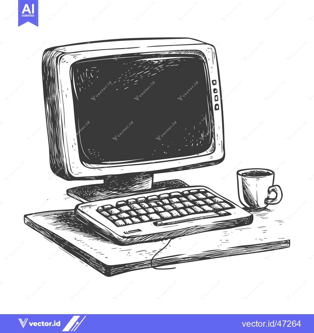 Premium Vector of Hand-drawn sketch of a vintage computer and a mug of coffee