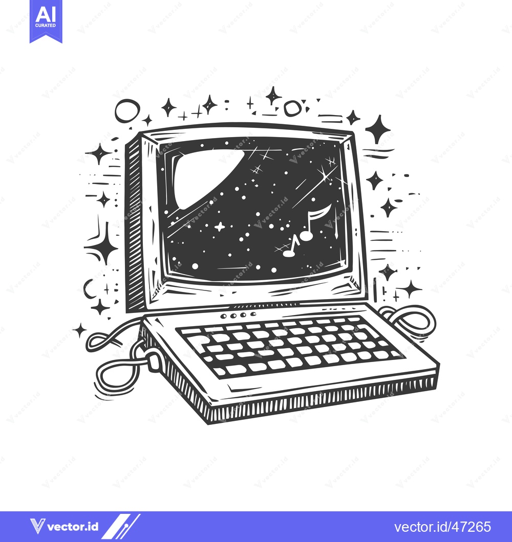Premium Vector of Hand-drawn Sketch of a Vintage Computer with a Starry Night Sky Displa
