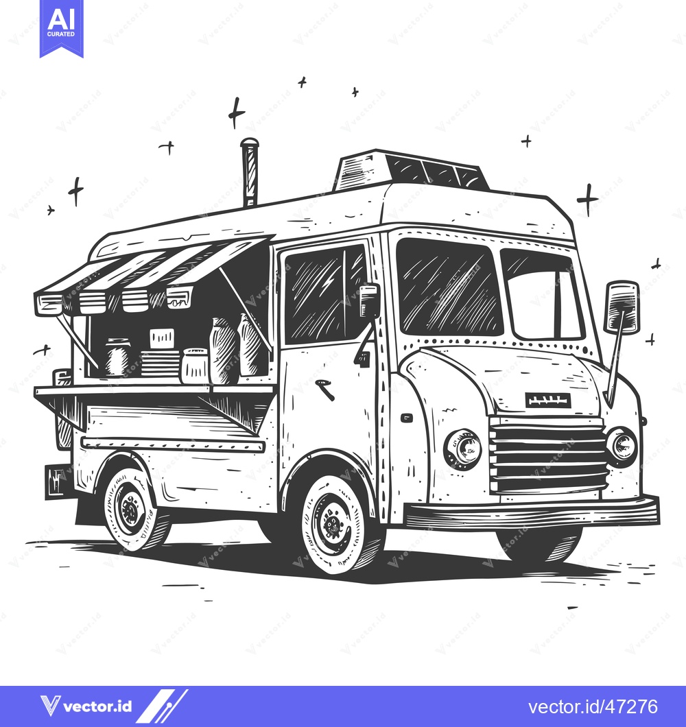 Premium Vector dari Hand-drawn sketch of a vintage food truck with an awning
