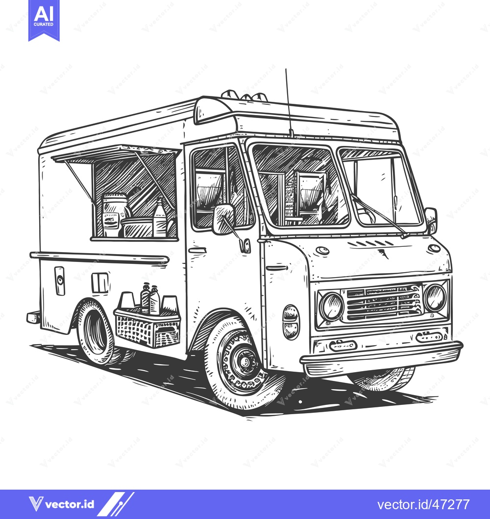 Premium Vector of Hand-Drawn Sketch of a Vintage Food Truck with Open Window