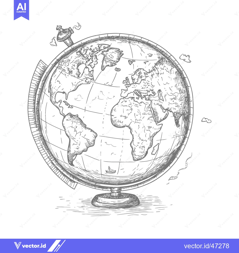 Premium Vector dari Hand-drawn sketch of a vintage globe with continents, meridians, and a