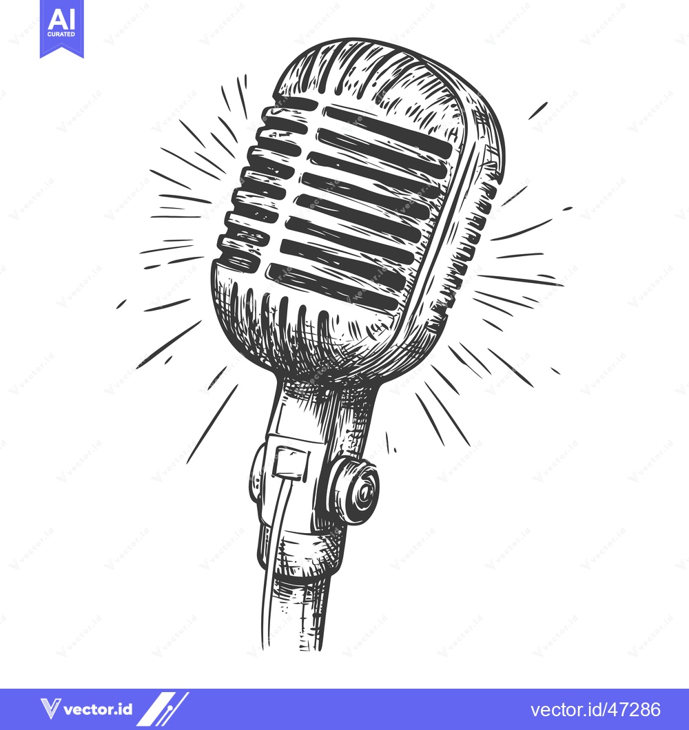Premium Vector dari Hand-Drawn Sketch of a Vintage Microphone with Rays of Light
