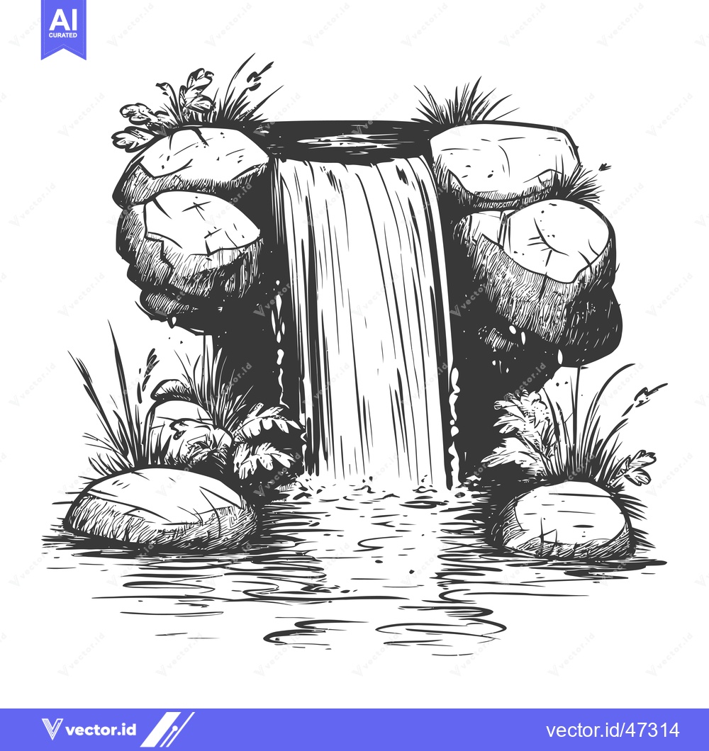 Premium Vector of Hand-Drawn Sketch of a Waterfall Cascading Over Rocks