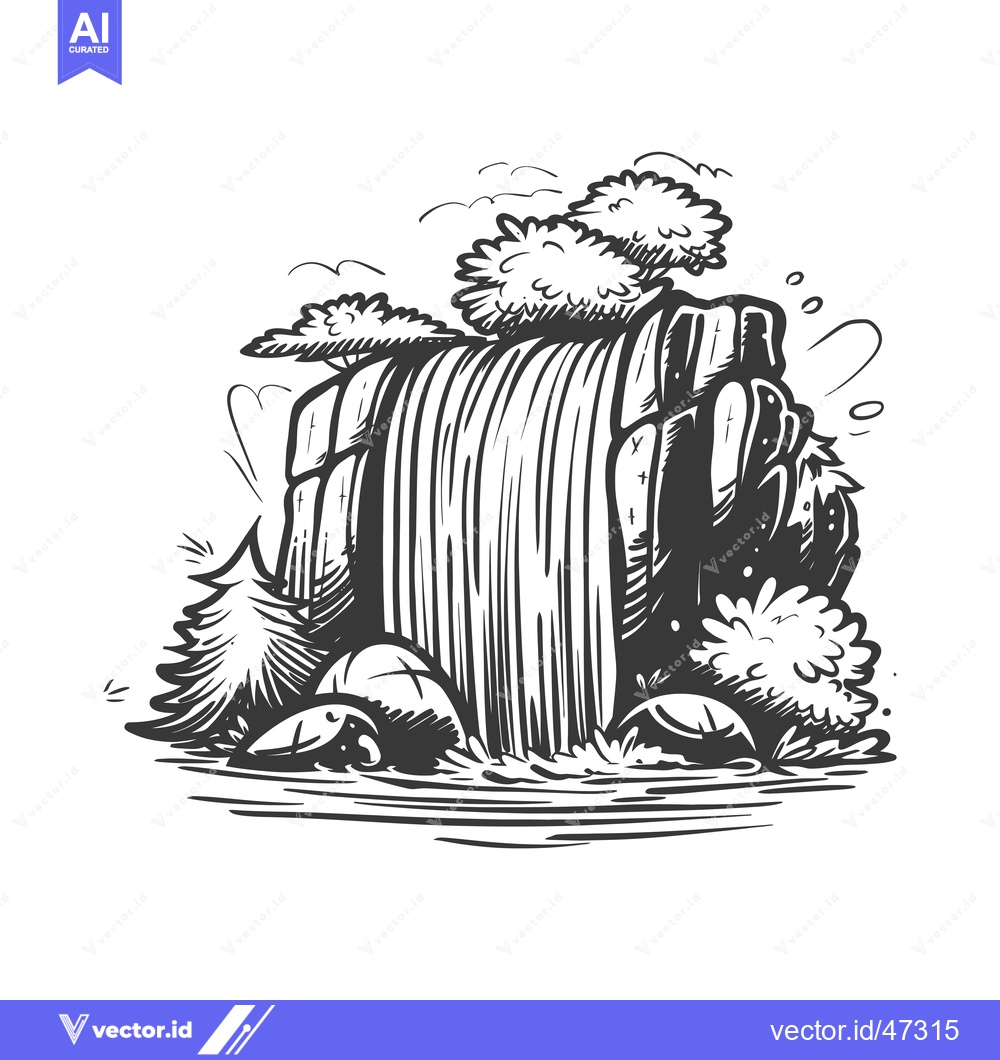 Premium Vector dari Hand-drawn Sketch of a Waterfall Cascading Over Rocks Surrounded by Tr
