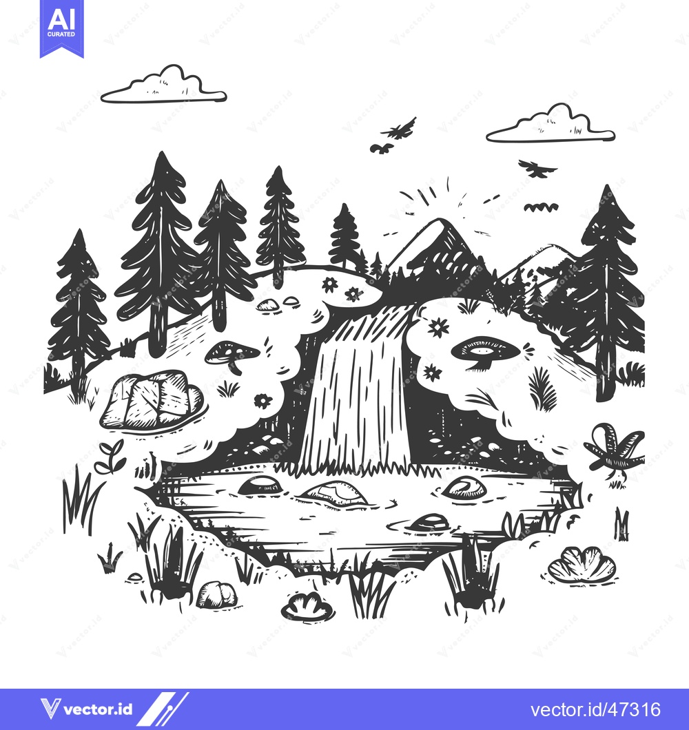 Premium Vector of Hand-Drawn Sketch of a Waterfall in a Forest Setting