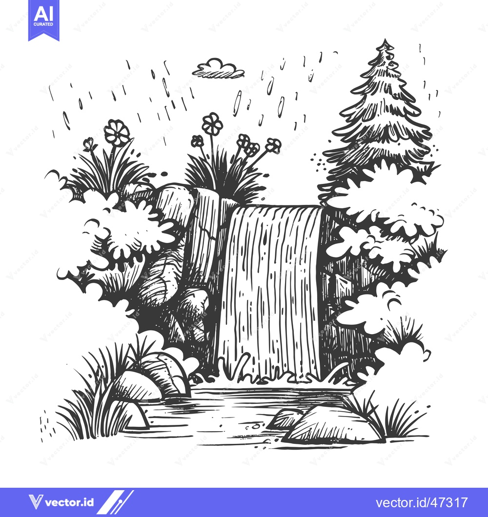 Premium Vector dari Hand-Drawn Sketch of a Waterfall in a Lush Forest Setting with Rain
