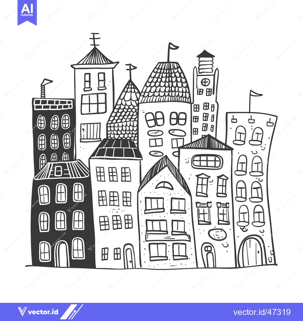 Premium Vector of Hand-drawn sketch of a whimsical cityscape with various buildings and