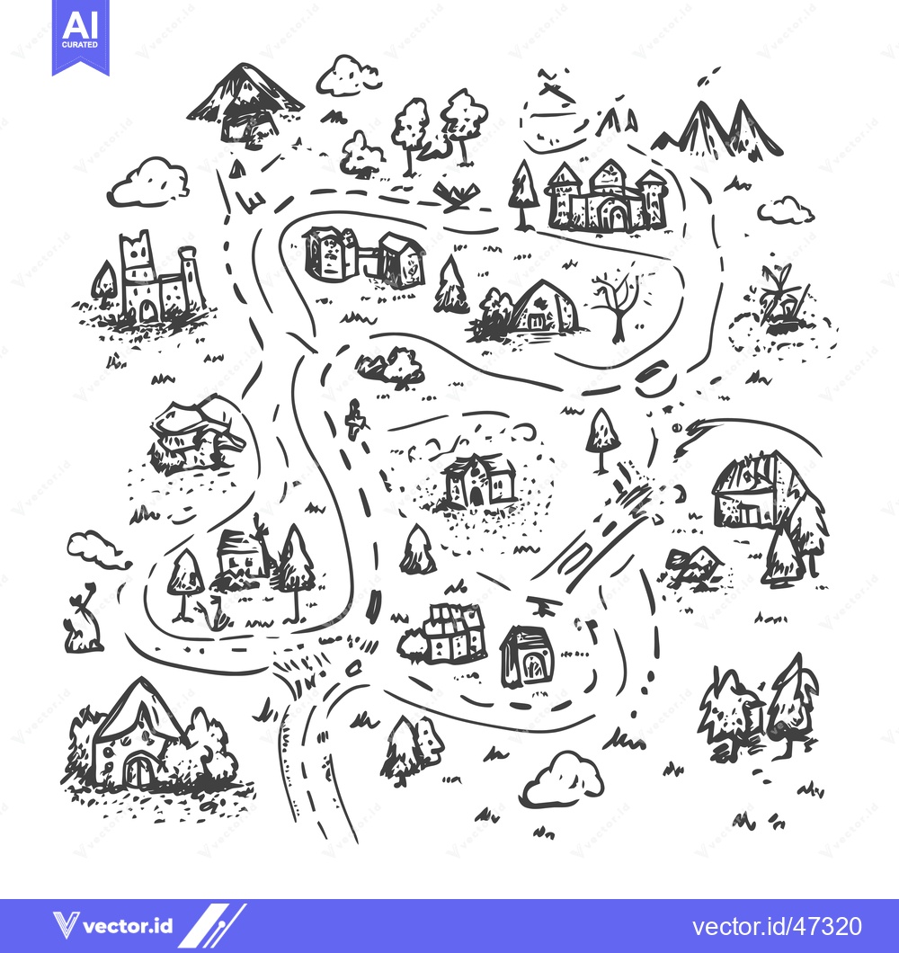 Premium Vector dari Hand-drawn sketch of a whimsical fantasy map with castles, houses, and