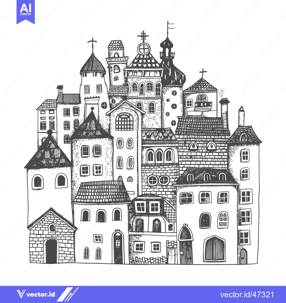Premium Vector of Hand-drawn sketch of a whimsical town with unique buildings and archit