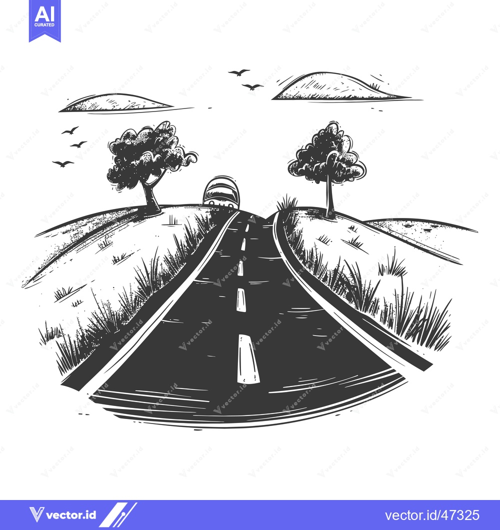 Premium Vector dari Hand-drawn sketch of a winding road leading through a grassy landscape