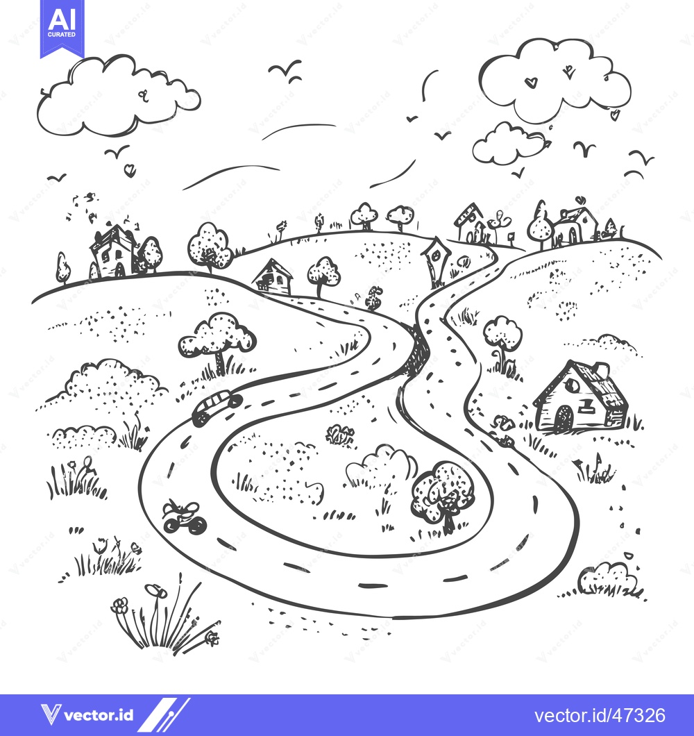 Premium Vector dari Hand-drawn sketch of a winding road through a countryside landscape wi