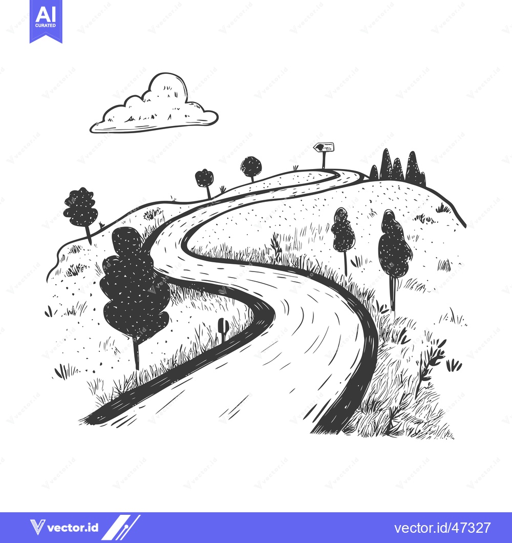 Premium Vector of Hand-drawn Sketch of a Winding Road through a Hilly Landscape
