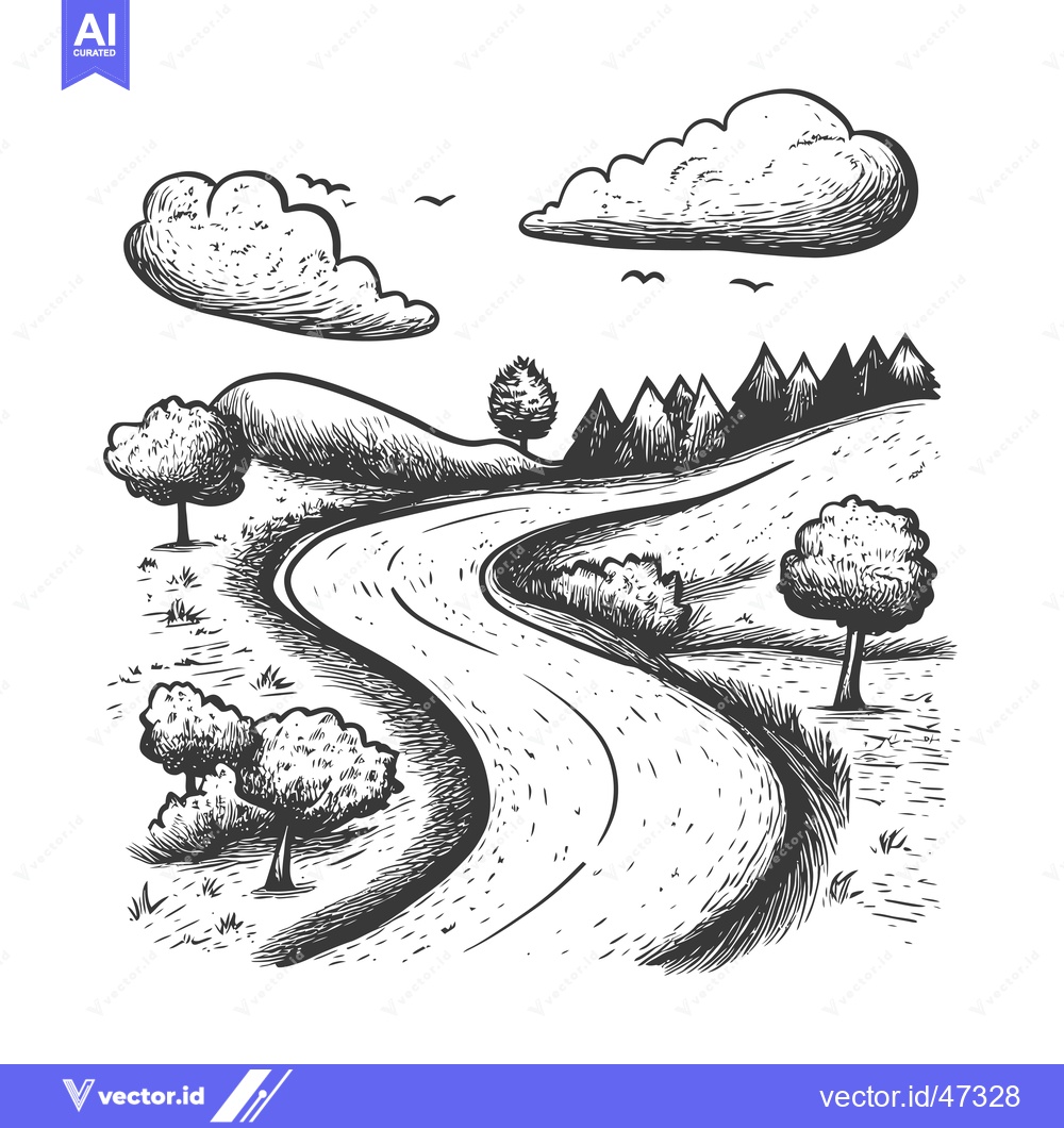 Premium Vector of Hand-Drawn Sketch of a Winding Road Through a Lush, Forested Landscape