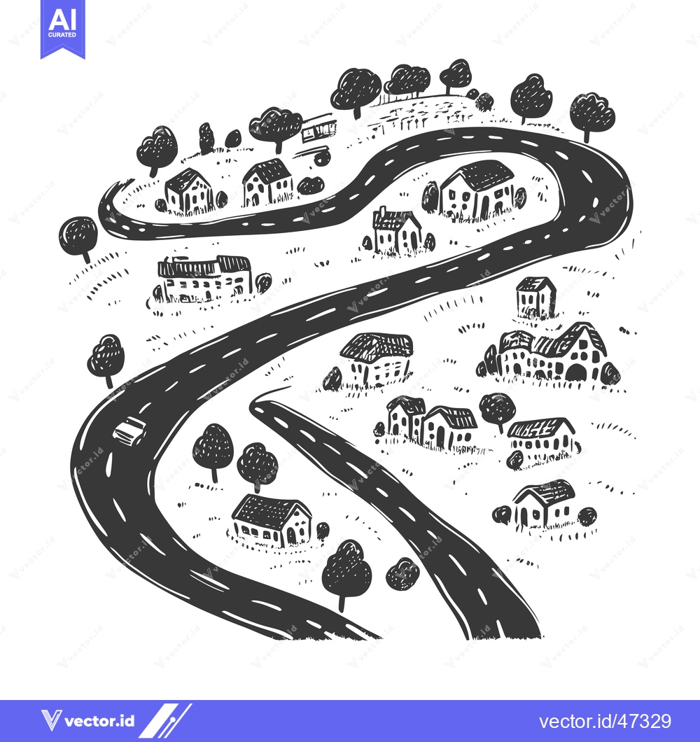 Premium Vector of Hand-drawn sketch of a winding road through a small town with houses a