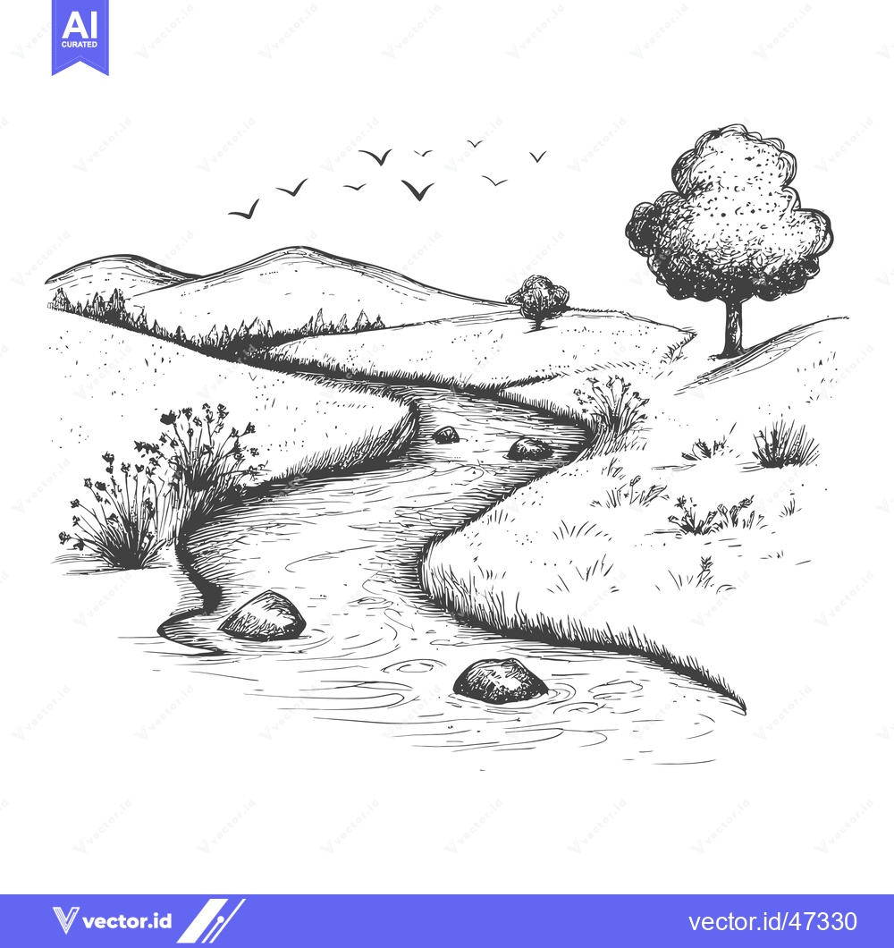 Premium Vector dari Hand-drawn sketch of a winding stream with hills, a tree, and birds fl