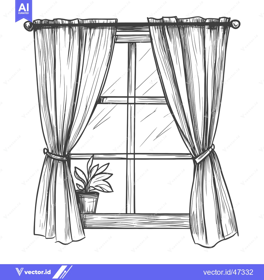 Premium Vector dari Hand-Drawn Sketch of a Window with Curtains and a Potted Plant