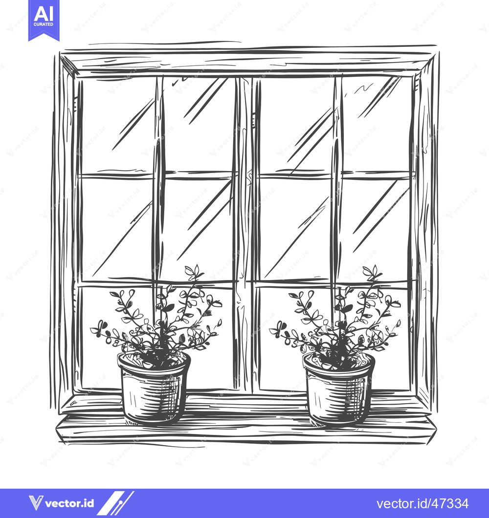 Premium Vector dari Hand-Drawn Sketch of a Window with Two Potted Plants on a Windowsill