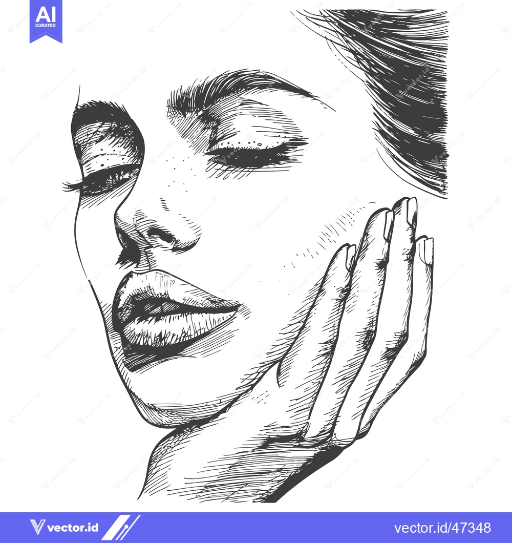 Premium Vector dari Hand-drawn Sketch of a Woman's Face with Closed Eyes and a Hand Restin