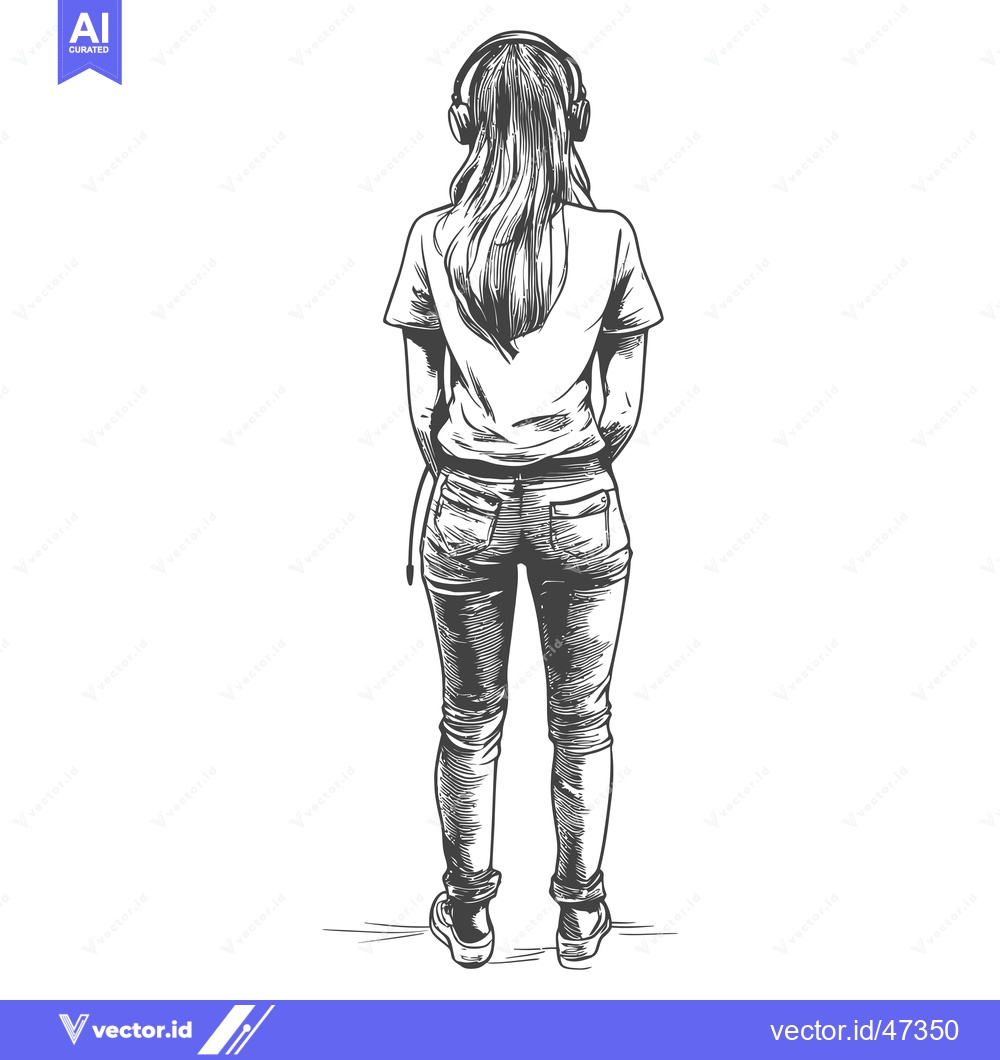 Premium Vector of Hand-drawn Sketch of a Woman Wearing Headphones from Behind
