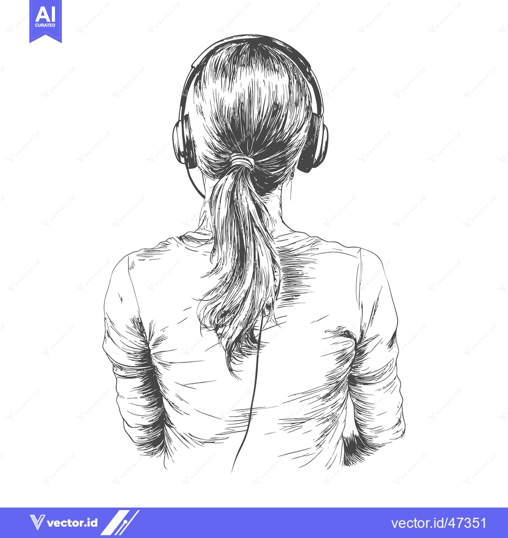 Premium Vector of Hand-drawn Sketch of a Woman Wearing Headphones with a Ponytail