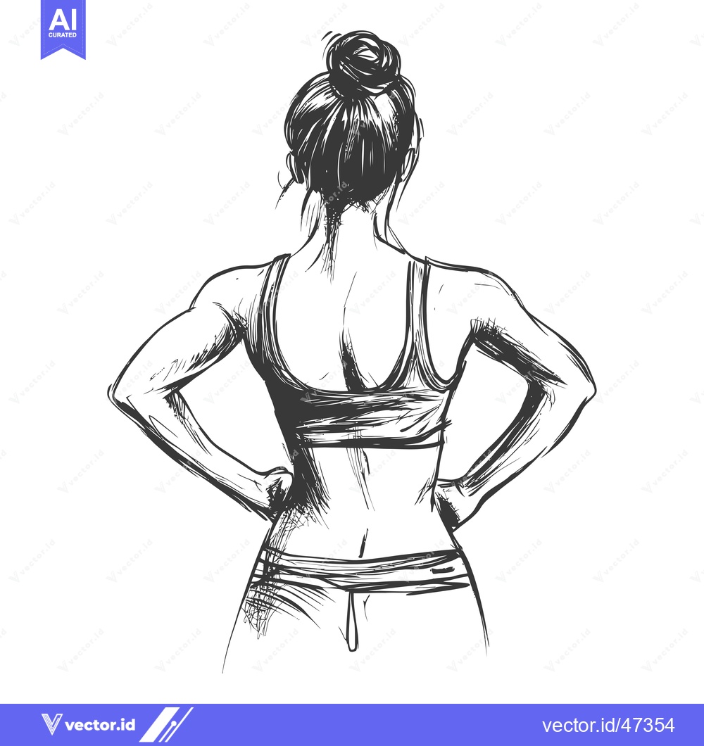 Premium Vector dari Hand-drawn sketch of a woman with a bun in a sports bra and pants, vie