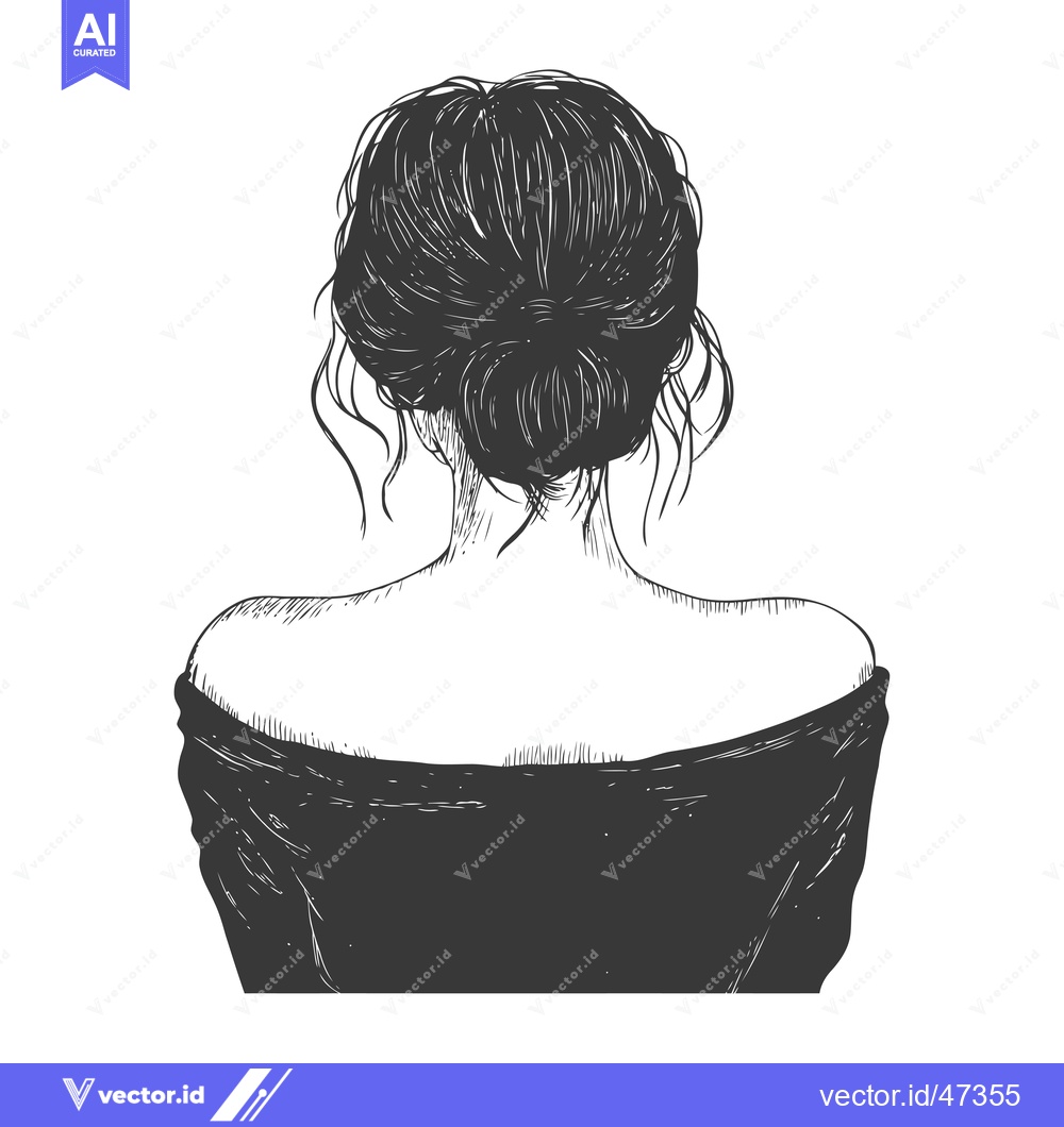 Premium Vector of Hand-Drawn Sketch of a Woman with Dark Hair in a Bun, Viewed from Behi
