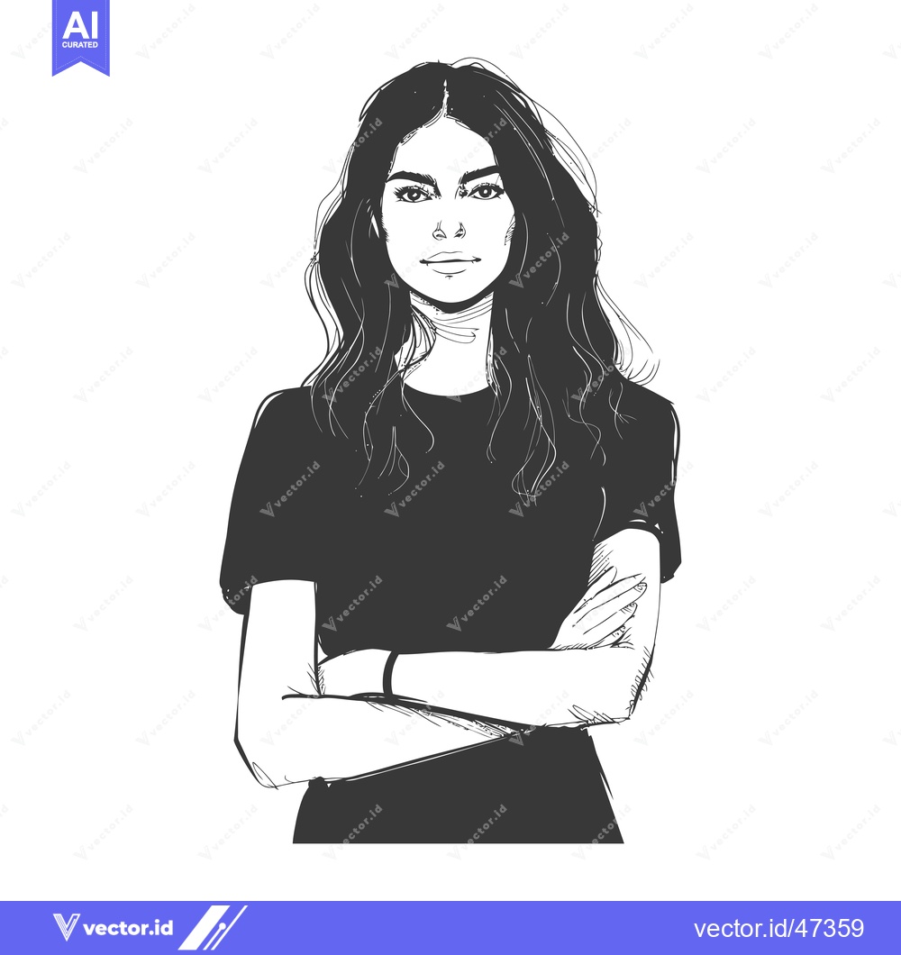 Premium Vector of Hand-drawn sketch of a woman with long dark hair, wearing a t-shirt, a