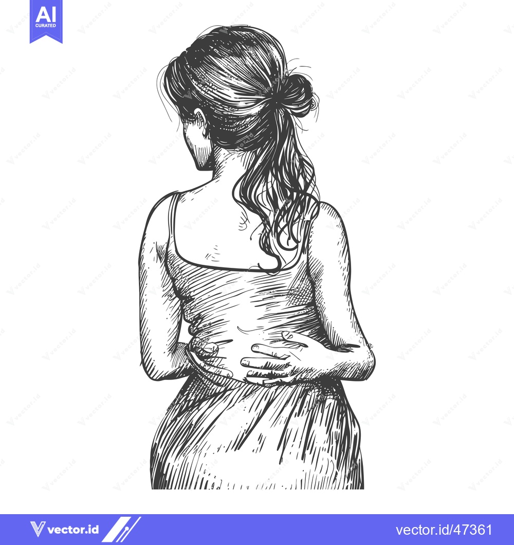 Premium Vector dari Hand-drawn sketch of a woman with long hair, viewed from behind, holdi